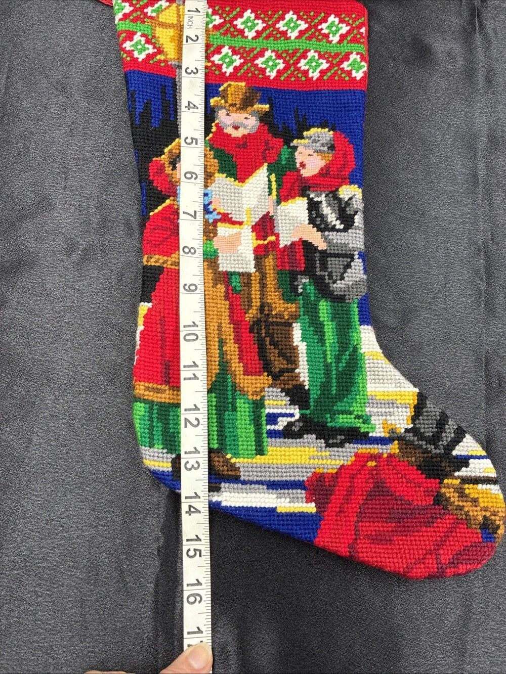 Vintage Needlepoint Cross Stitch Christmas Stocking Carolers Victorian Caroling - Picture 9 of 10